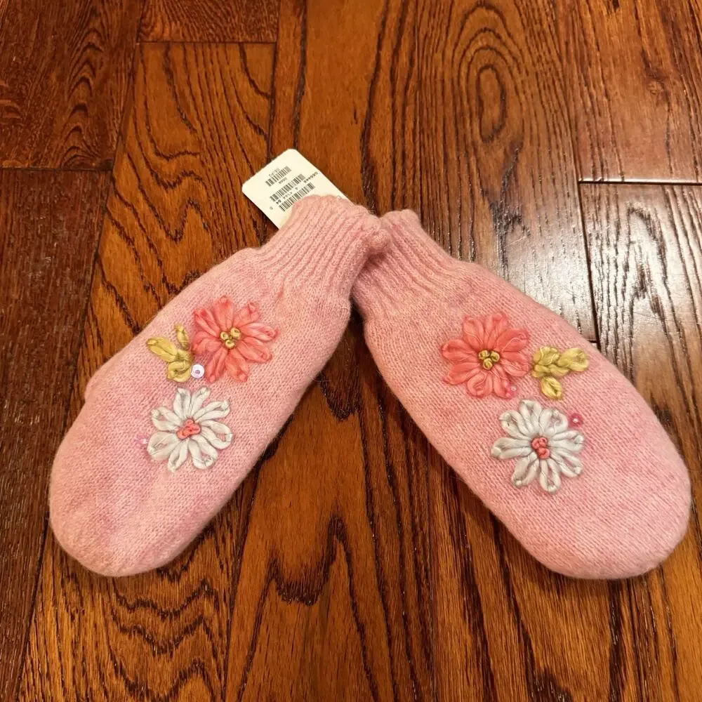 H&M Germany Girls 6-8 Y Scarf Hat Mittens Pink Flowers Lambs Wool NEW VTG Y2K